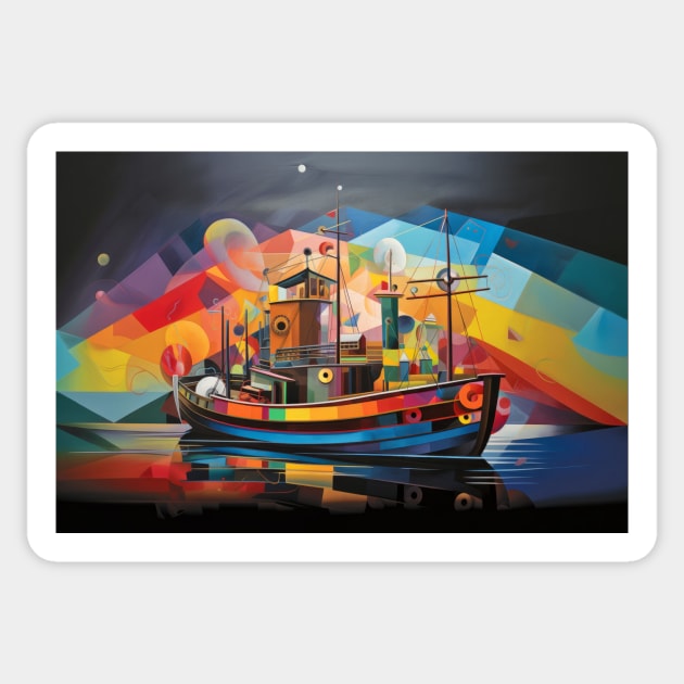 Fishing Boat Concept Abstract Colorful Scenery Painting Sticker by Cubebox